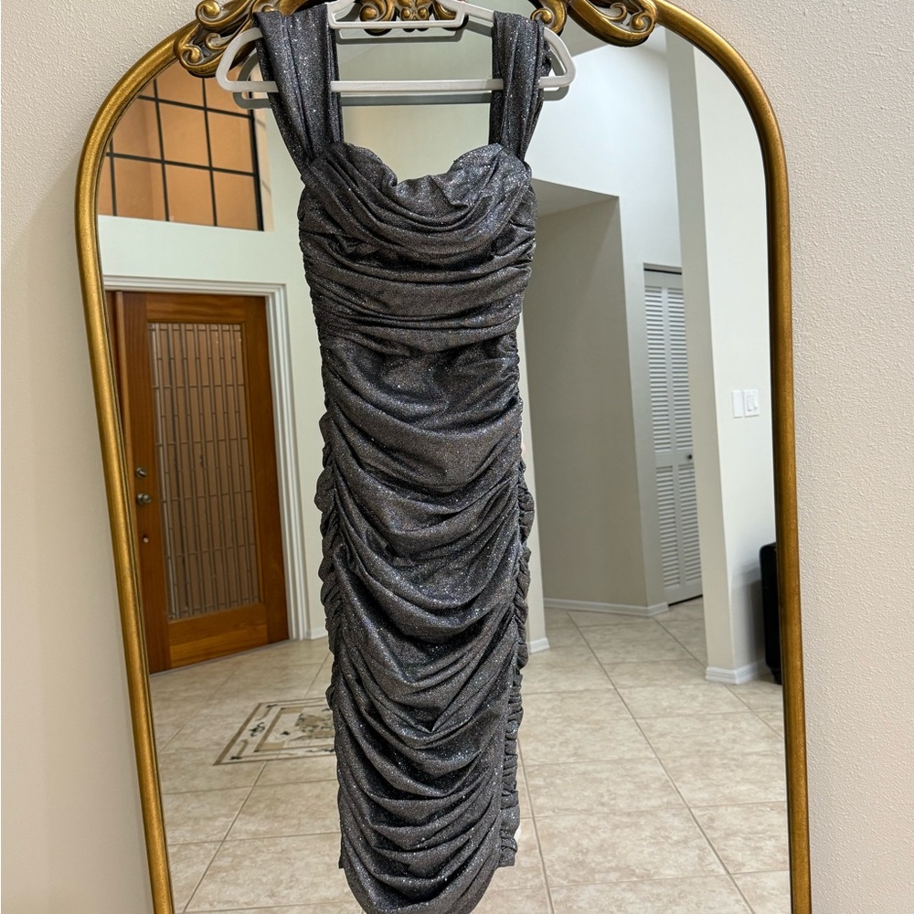 House of CB Shimmering Black Ruched Mini Dress